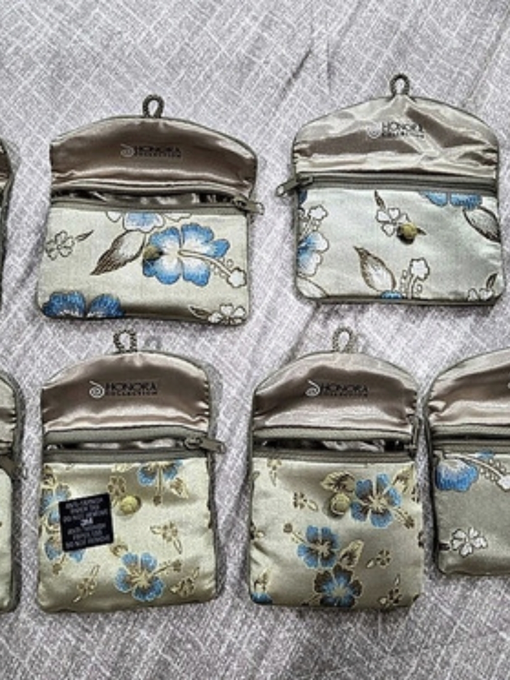 Honora Collection Silk Floral Zippered Jewelry Pouches Bags Beige Blue Like New